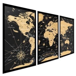 Quadros Decorativos Sala Mapa Mundi Retrô Antigo Vintage 3 Peças com Moldura