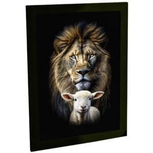 Quadro Decorativo Leão e Cordeiro Jesus Arte Religiosa Cristã Fé e Paz Sala Quarto Escritório Decoração Poster