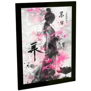 Quadro Decorativo Oriental Mulher Japonesa Arte Floral Rosa Preto Sala Quarto Escritório Decoração Poster Quadro Japonês Decoração Oriental Poster