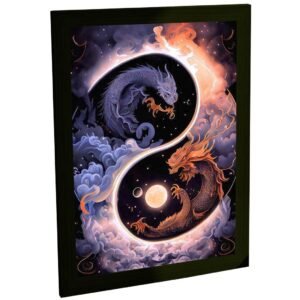 Quadro Decorativo Dragões Yin Yang Arte Fantasia Oriental com Elementos Cósmicos Espirituais Sala Quarto Escritório Decoração Poster