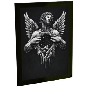 Quadro Decorativo Anjo Escultura Peito Galáxia Arte Surreal Preto e Branco Estilo Dark Sala Quarto Escritório Decoração Poster