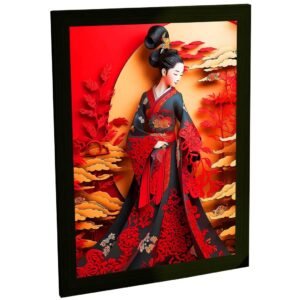Quadro Decorativo Geisha Kimono Vermelho Preto Oriental Sala Quarto Escritório Decoração Poster Arte Oriental Poster Decorativo Decoração Sala