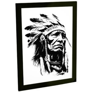Quadro Decorativo Índio Guerreiro Tribal em Preto e Branco Arte Sala Quarto Escritório Decoração Poster