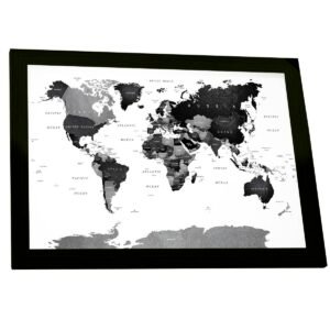 Quadro Decorativo Mapa Mundi Preto Branco Estilo Minimalista Sala Quarto Escritório Decoração Poster Viagem Educação Geografia