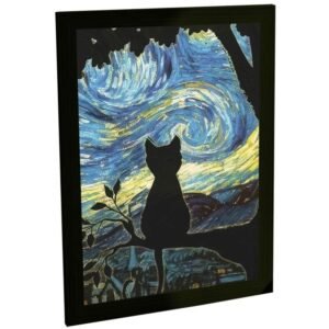 Quadro Decorativo Gato Estilo Van Gogh Noite Estrelada
