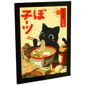Quadro Decorativo Gato Preto Com Tigela De Lámen Estilo Japonês Sala Quarto Escritório Decoração Poster