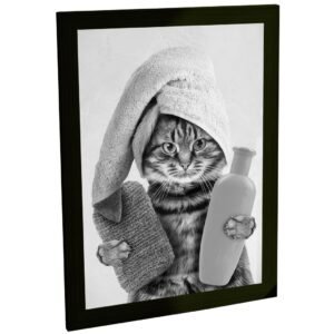 Quadro Decorativo Banheiro Gato Banho Toalha Garrafa Engraçado Sala Quarto Escritório Decoração Poster Animal Divertido Moderno Criativo