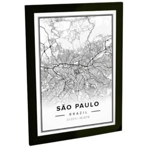 Quadro Decorativo Mapa São Paulo Brasil Arte Minimalista Preto e Branco Sala Quarto Escritório Decoração Poster