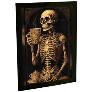 Quadro Decorativo Engraçado Caveira Tomando Café Decoração Poster Quarto Sala