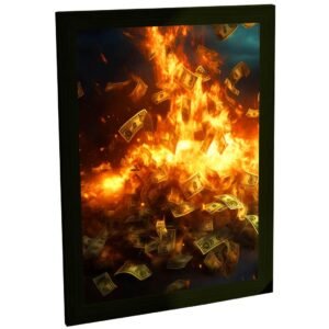 Quadro Decorativo Dinheiro Pegando Fogo Arte Impactante Riqueza Ambição Sala Quarto Escritório Decoração Poster
