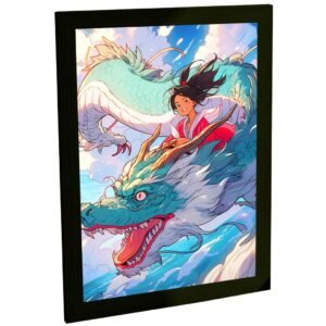 Quadro Decorativo Anime Dragão Japonês e Menina Voando nas Nuvens Arte Oriental Anime Sala Quarto Escritório Decoração Poster