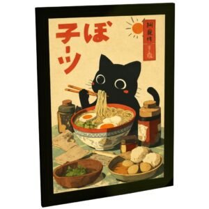Quadro Decorativo Gato Preto Comendo Macarrão Ilustrativo Japonês Sala Quarto Escritório Decoração Poster Cozinha Gourmet Oriental
