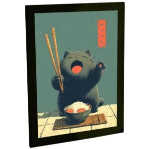 Quadro Decorativo Gato Comendo Sushi Ilustração Divertida Estilo Japonês Animal Fofo Decoração Cozinha Poster Moderno Arte Criativa