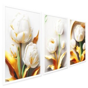 Quadros Decorativos Tulipa Branca e Dourada Flores de Ouro 3 Peças com Moldura