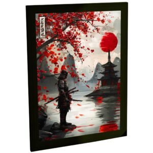 Quadro Decorativo Samurai Japonês Pôr do Sol Vermelho Árvore Cerejeira Montanhas Escuridão Sala Quarto Escritório Decoração Poster Guerreiros Oriental Japão Cultura