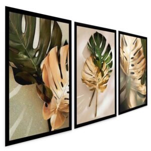 Quadros Decorativos para Sala Costela de Adão Planta Verde e Dourada – Kit 3 Peças com Moldura Botânica Decoração Quarto