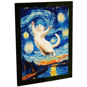 Quadro Decorativo Gato Branco Noite Estrelada Van Gogh Sala Quarto Escritório Decoração Poster