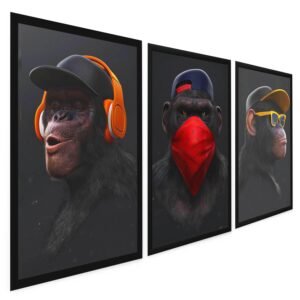 Quadros Decorativos Três Macacos Sábios Releitura Gangue dos Macacos Sala Quarto 3 Peças com Moldura