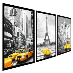 Quadros Decorativos Cidades do Mundo em Amarelo Nova York Paris Lisboa 3 Peças com Moldura