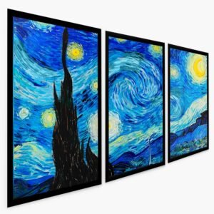 Quadros Decorativos para Sala Noite Estrelada Van Gogh – Kit 3 Peças com Moldura Arte Clássica Decoração Parede Quarto