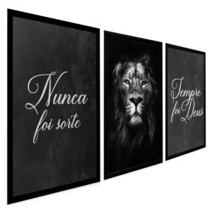Quadros Decorativos Leão Nunca Foi Sorte Sempre foi Deus Luxo Sala Quarto Hall 3 Peças com Moldura
