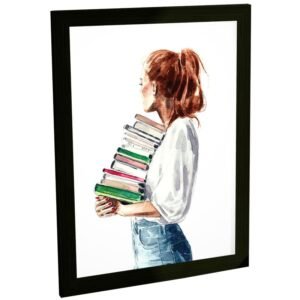 Quadro Decorativo Garota Com Pilha De Livros Leitura Decoração Poster