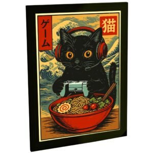 Quadro Decorativo Gato Preto Nerd Jogando Videogame Tigela Macarrão Estilo Pop Sala Quarto Escritório Decoração Poster Gaming Geek Japonês