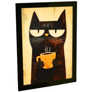 Quadro Decorativo Gato Preto Tomando Café Xícara Sala Quarto Escritório Decoração Poster Charmoso Moderno Engraçado