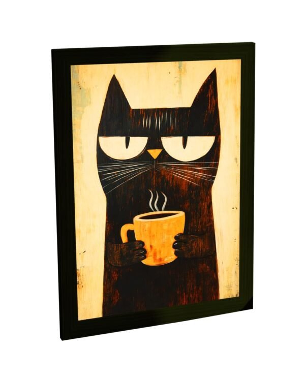 Quadro Decorativo Gato Preto Tomando Café Xícara Sala Quarto Escritório Decoração Poster Charmoso Moderno Engraçado
