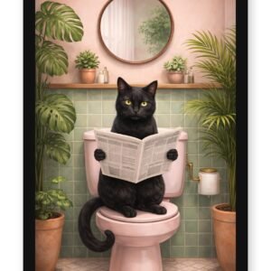 Quadro Decorativo para Banheiro Gato Preto Lendo Jornal no Vaso Sanitário Engraçado