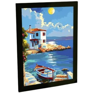 Quadro Decorativo Porto Praia Canoa Ilustração Azul Decoração Poster Quarto Sala