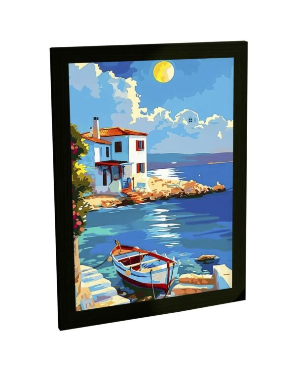 Quadro Decorativo Porto Praia Canoa Ilustração Azul Decoração Poster Quarto Sala